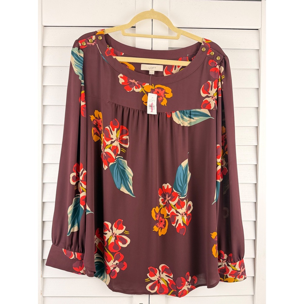 LOFT Blouse XXL Burgundy Floral Long Sleeve Button Shoulder NEW